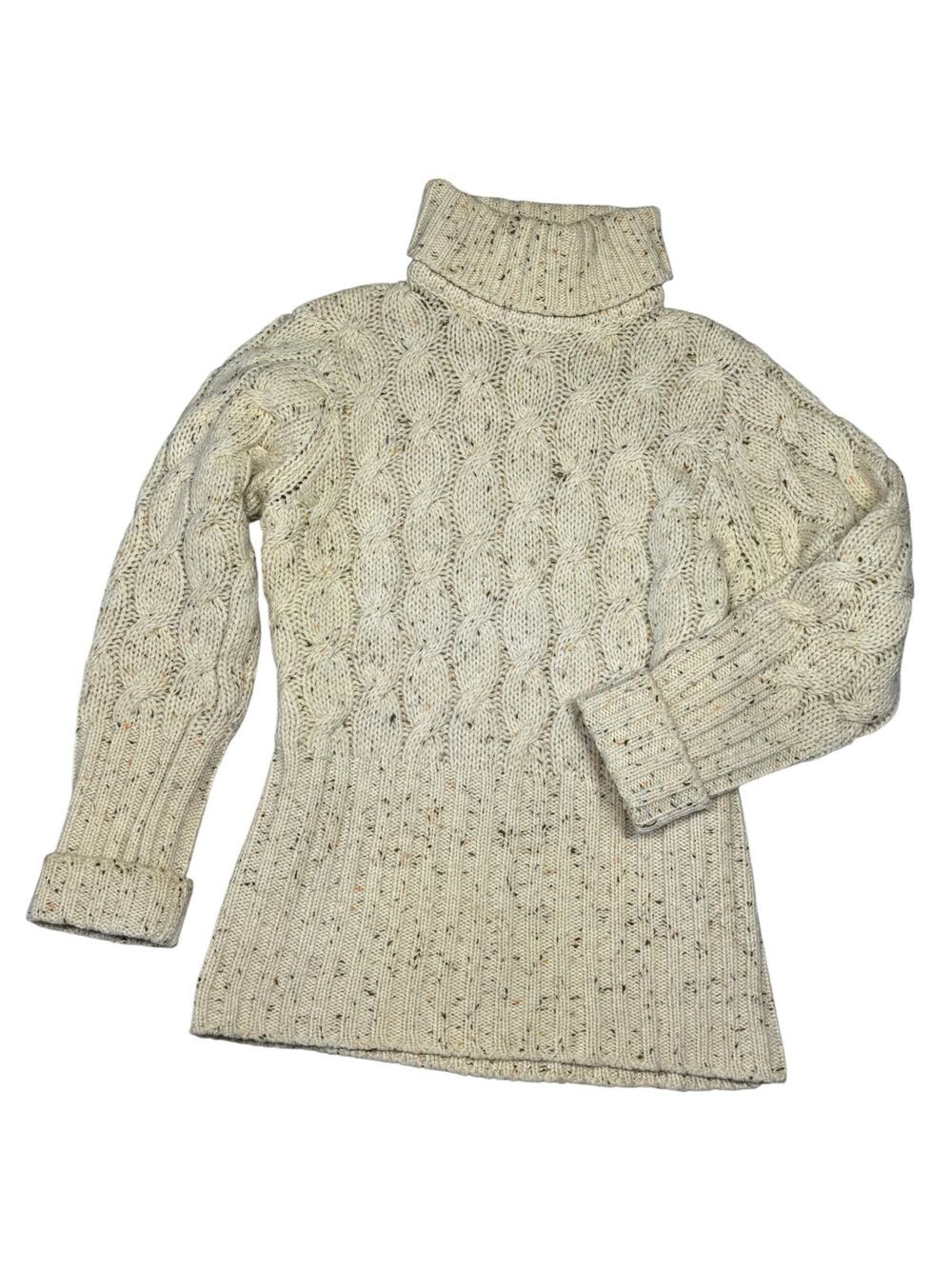 Rosanna Vintage 60s 70s Wool Cream Speckled Cable Knit Turtleneck Sweater Small